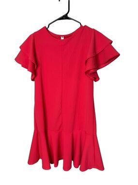 Simlu Coral Red Tiered Ruffle Sleeve Drop Waist Flounce Hem Dress M Casual